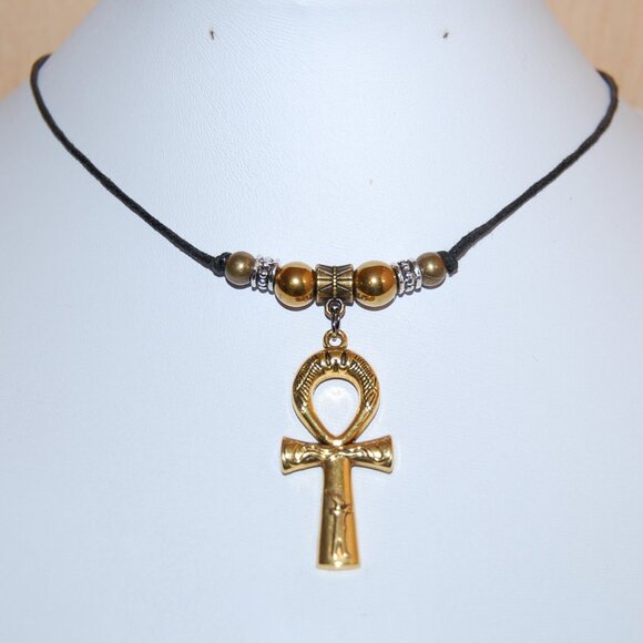 Ankh Cross Necklace,Ankh Necklace,Golden Ankh Cross Cord Necklace - Picture 1 of 3